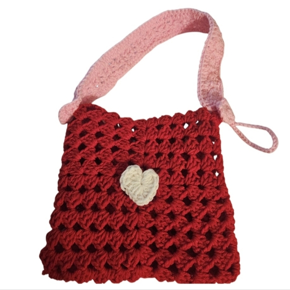 Handmade Granny Square Heart Crochet Handbag Valentine's Day Red Envelope Purse - Picture 9 of 16